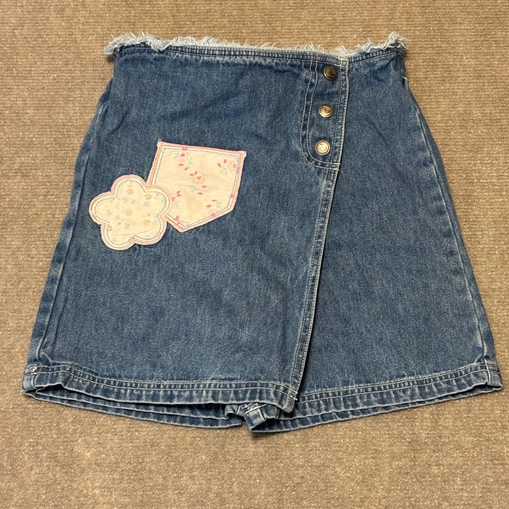 Disney Vintage 90s Kids Skort Blue Denim Floral Patch Fringed Wrap Retro Y2K 7/8